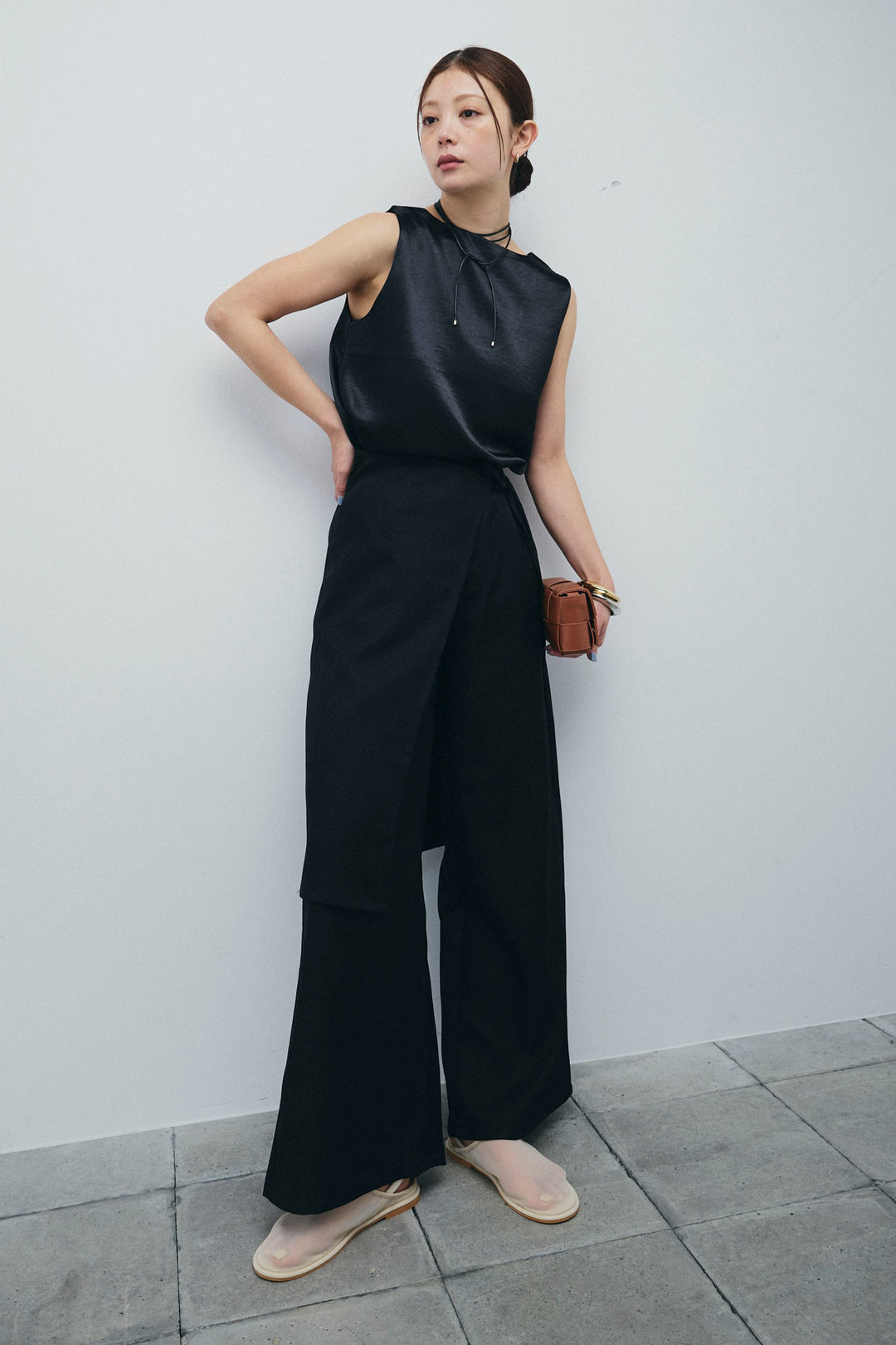 [予約/SET]サテン2wayトップス+ヘザーツイルラップスカート付きパンツ(2set)