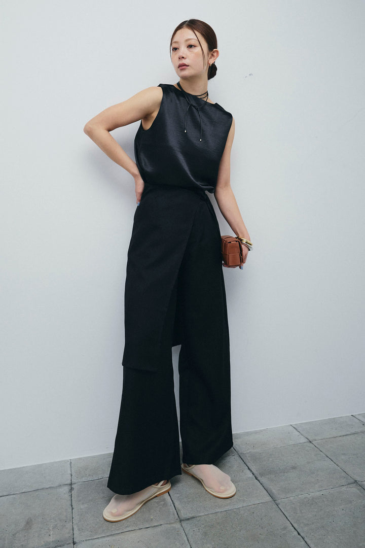 [予約/SET]サテン2wayトップス+ヘザーツイルラップスカート付きパンツ(2set)