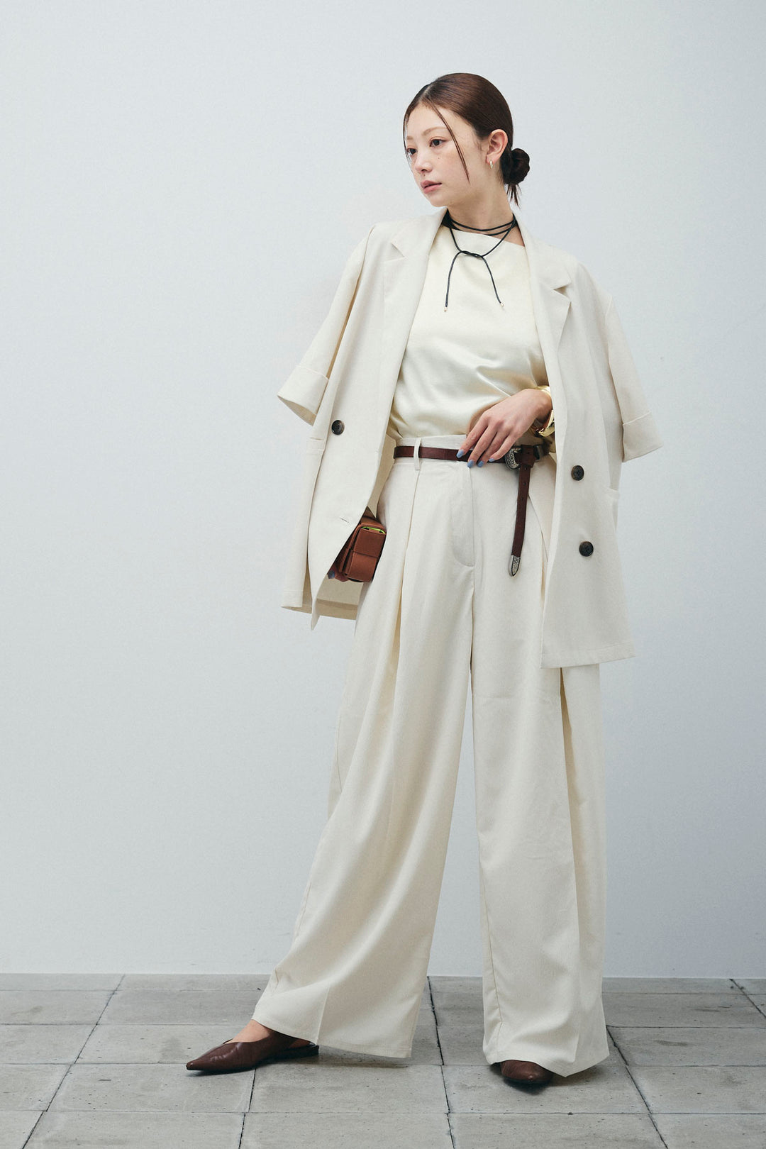 [予約/SET]クレープ半袖ダブルジャケット+サテン2wayトップス+クレープタックワイドパンツ(3set)