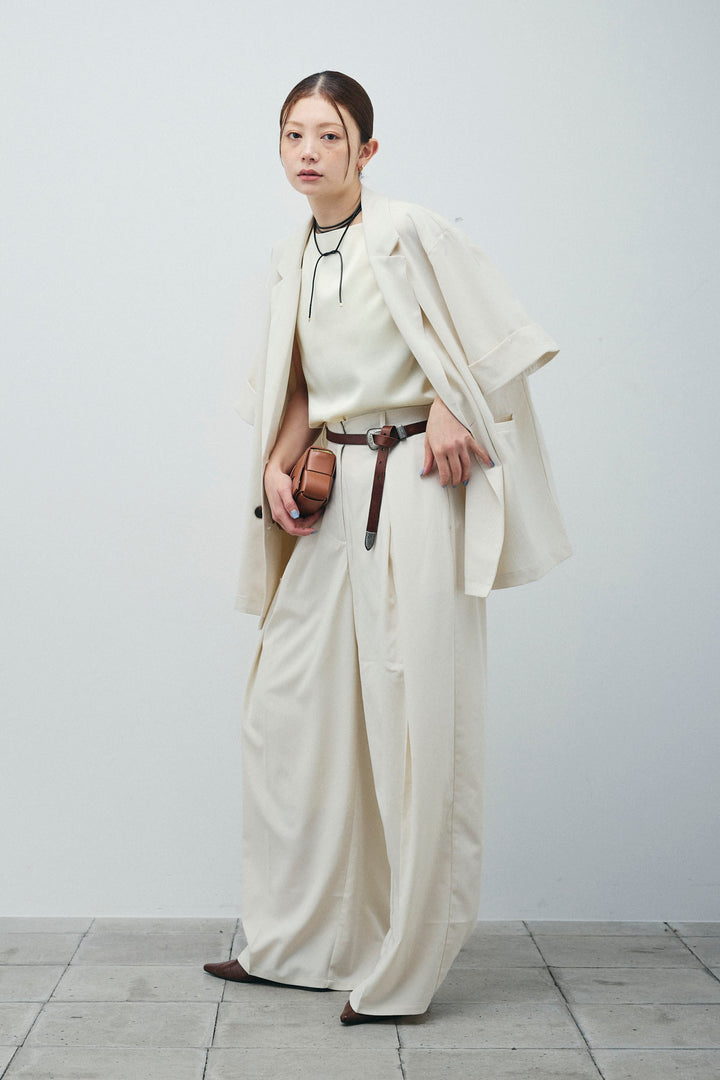 [予約/SET]クレープ半袖ダブルジャケット+サテン2wayトップス+クレープタックワイドパンツ(3set)