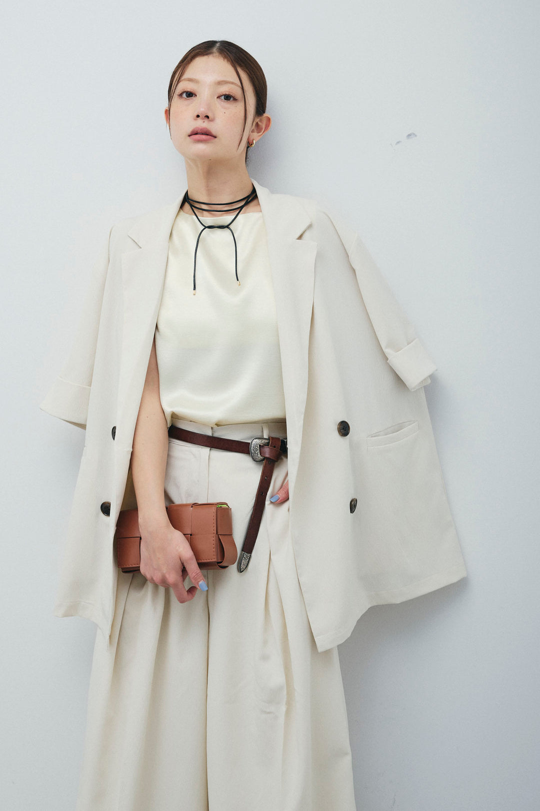 [予約/SET]クレープ半袖ダブルジャケット+サテン2wayトップス+クレープタックワイドパンツ(3set)