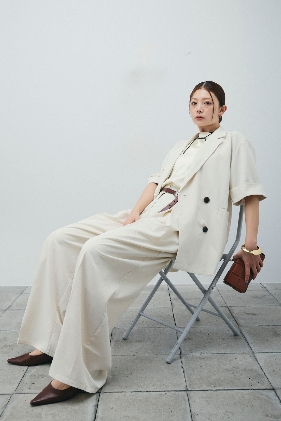 [予約/SET]クレープ半袖ダブルジャケット+サテン2wayトップス+クレープタックワイドパンツ(3set)