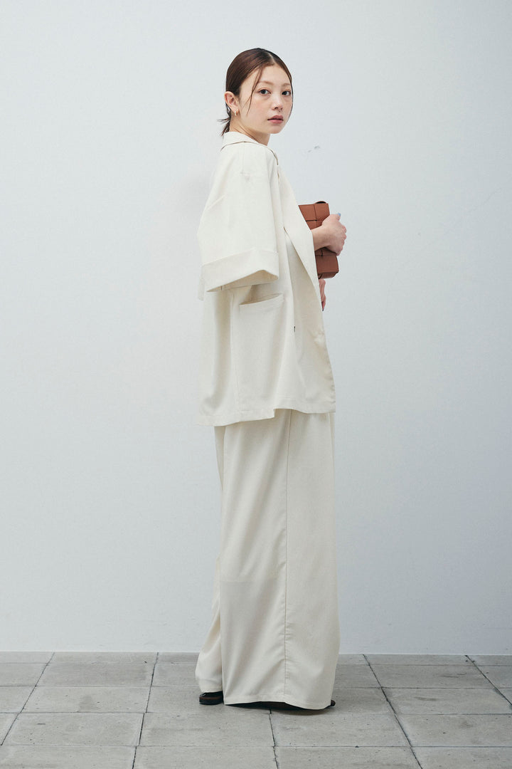 [予約/SET]クレープ半袖ダブルジャケット+サテン2wayトップス+クレープタックワイドパンツ(3set)