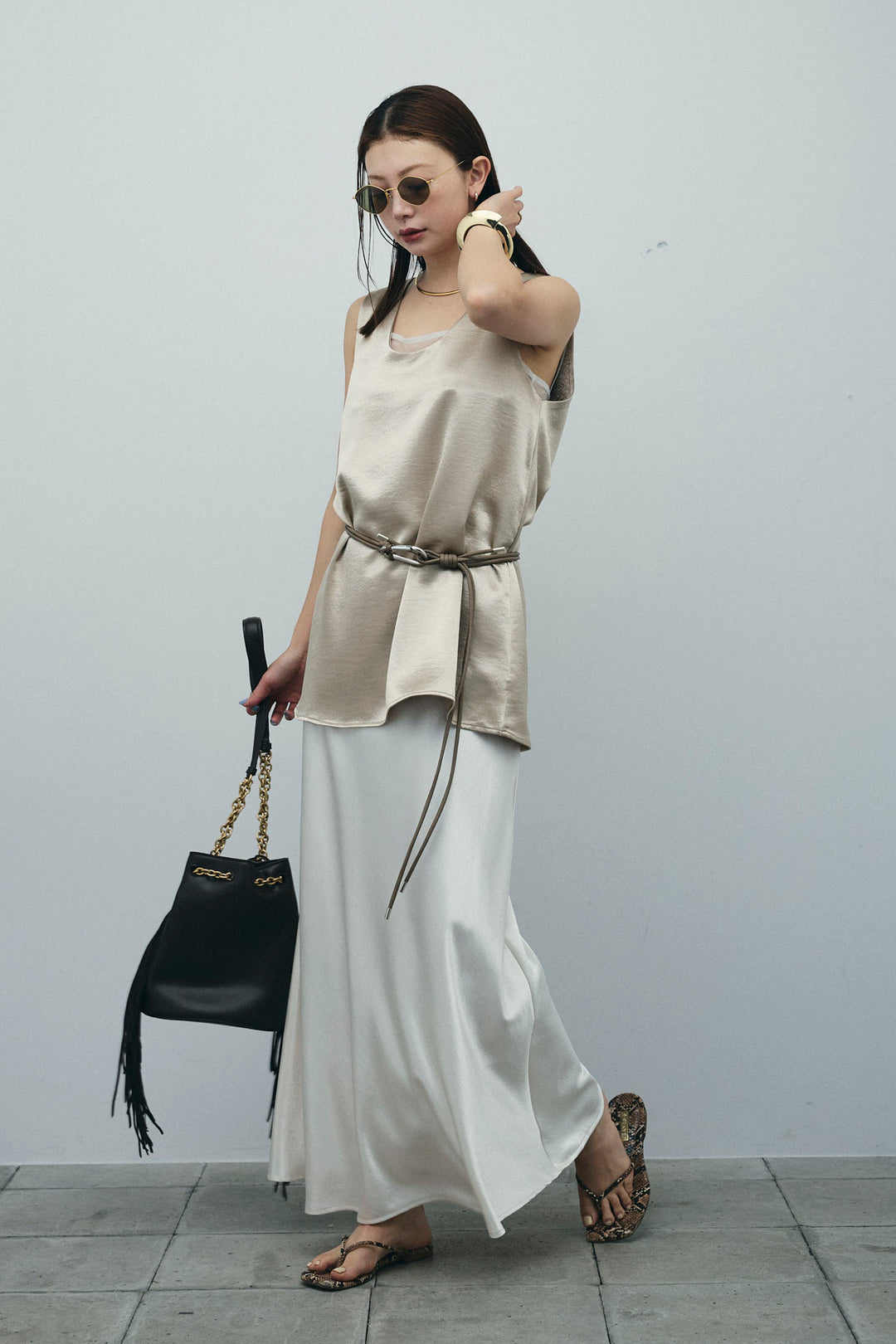 [予約/SET]サテン2wayトップス+サテンナロースカート(2set)