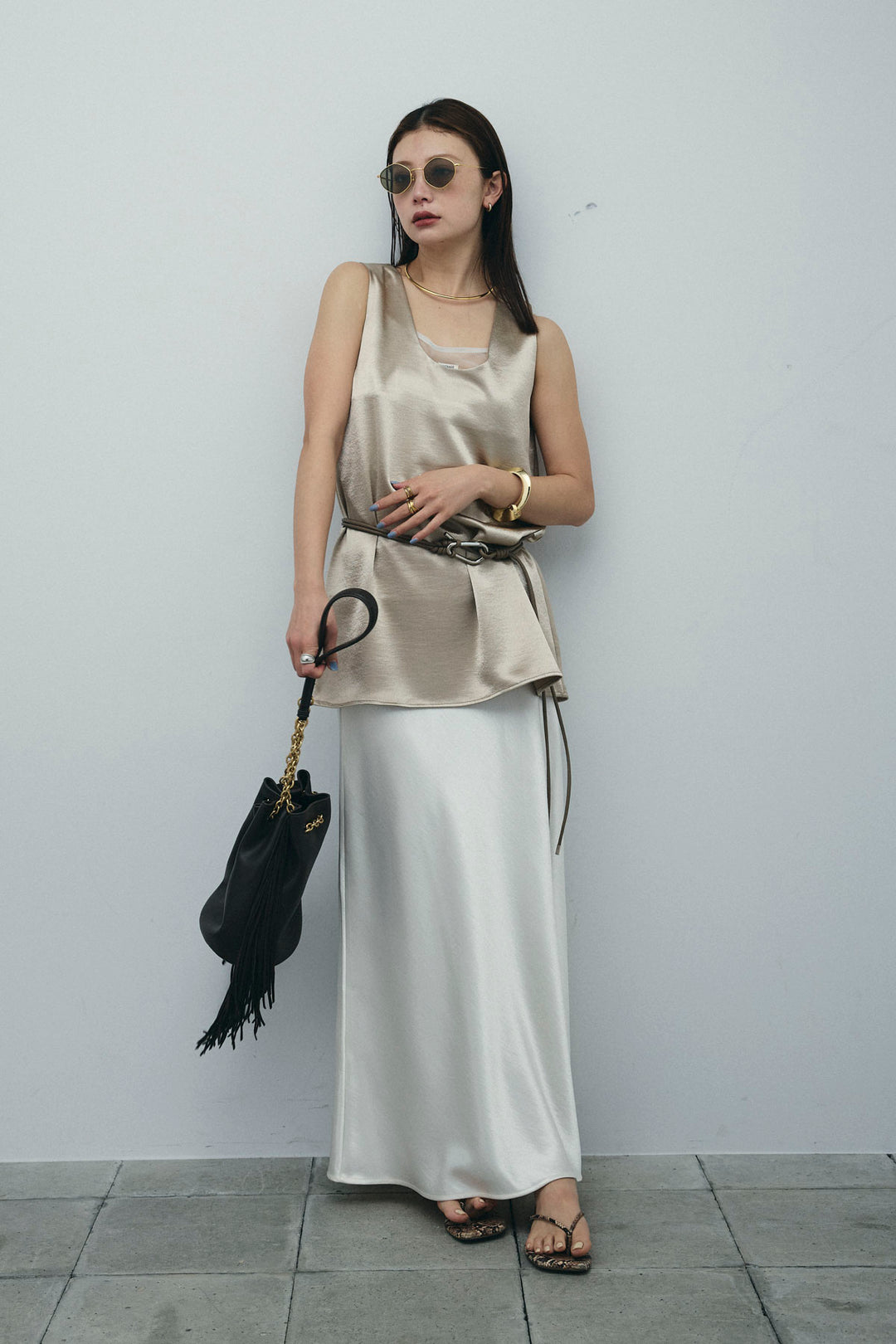 [予約/SET]サテン2wayトップス+サテンナロースカート(2set)