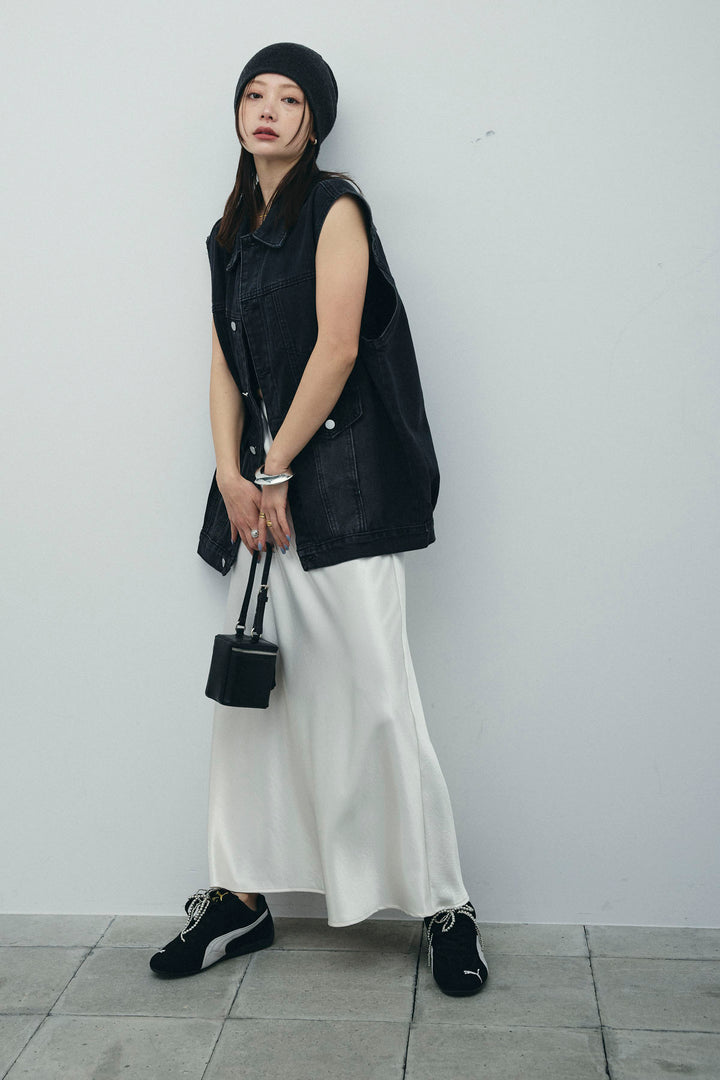 [予約/SET]ヴィンテージライクノースリデニムジャケット+クロップドカップ付きキャミ+サテンナロースカート(3set)