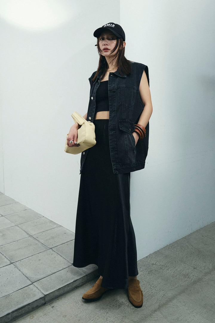 [予約/SET]ヴィンテージライクノースリデニムジャケット+サテンナロースカート(2set)