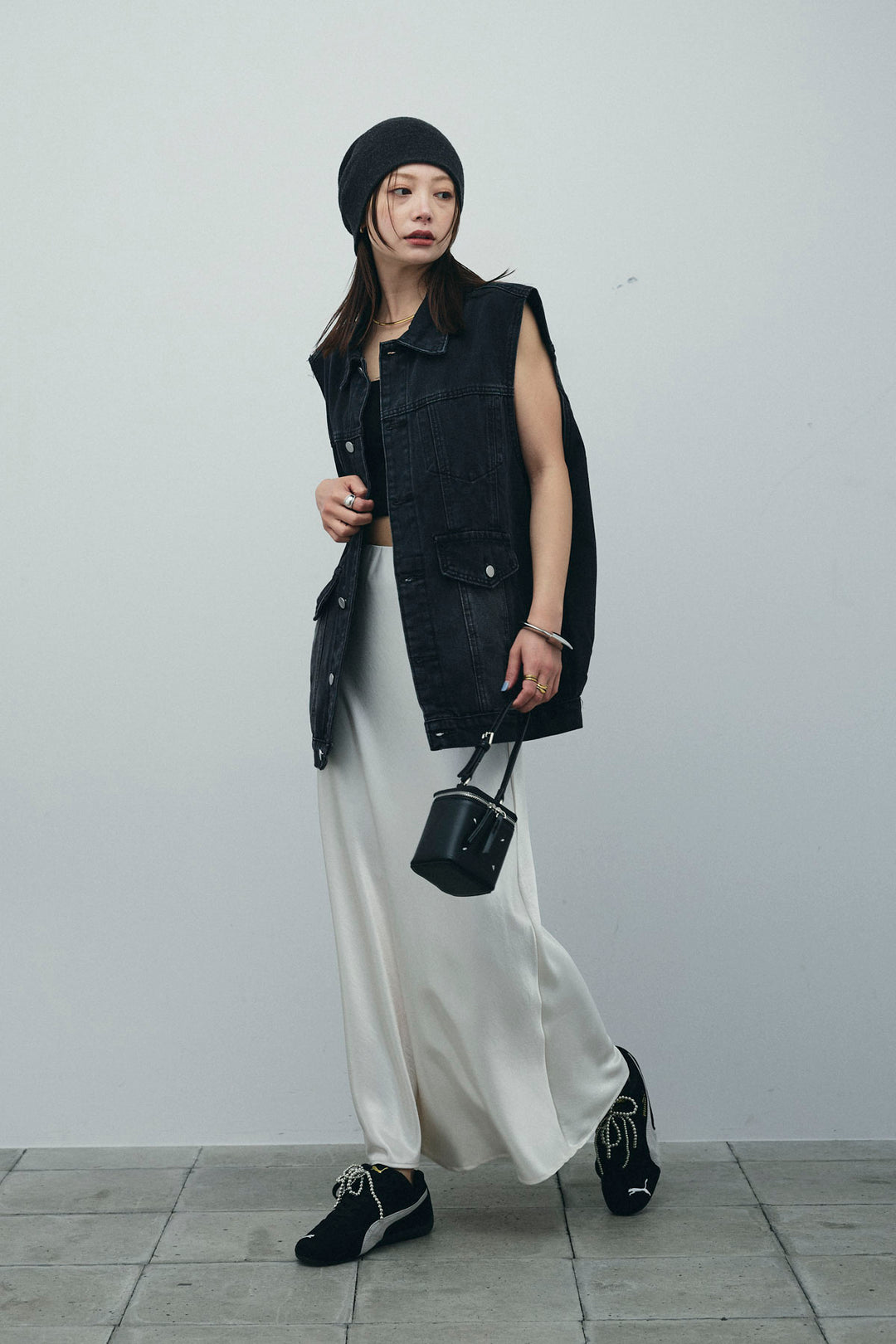 [予約/SET]ヴィンテージライクノースリデニムジャケット+サテンナロースカート(2set)