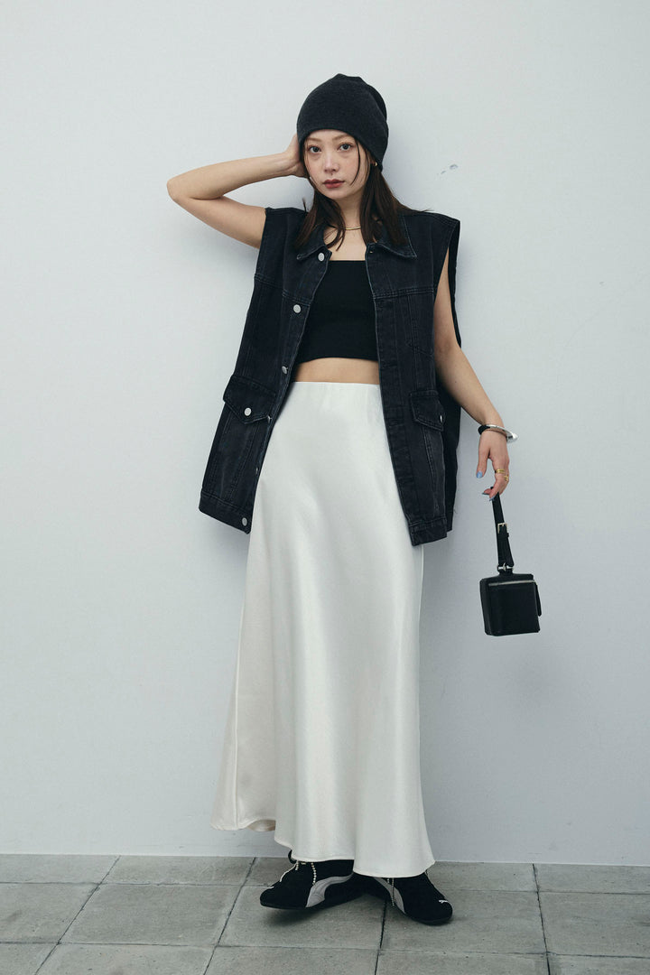 [予約/SET]ヴィンテージライクノースリデニムジャケット+サテンナロースカート(2set)