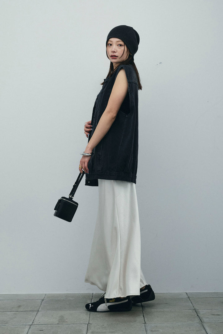 [予約/SET]ヴィンテージライクノースリデニムジャケット+クロップドカップ付きキャミ+サテンナロースカート(3set)