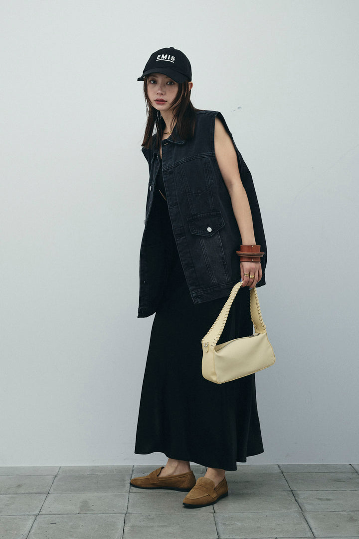 [予約/SET]ヴィンテージライクノースリデニムジャケット+サテンナロースカート(2set)