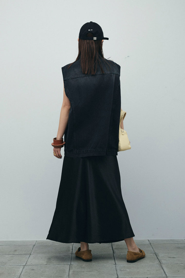 [予約/SET]ヴィンテージライクノースリデニムジャケット+クロップドカップ付きキャミ+サテンナロースカート(3set)