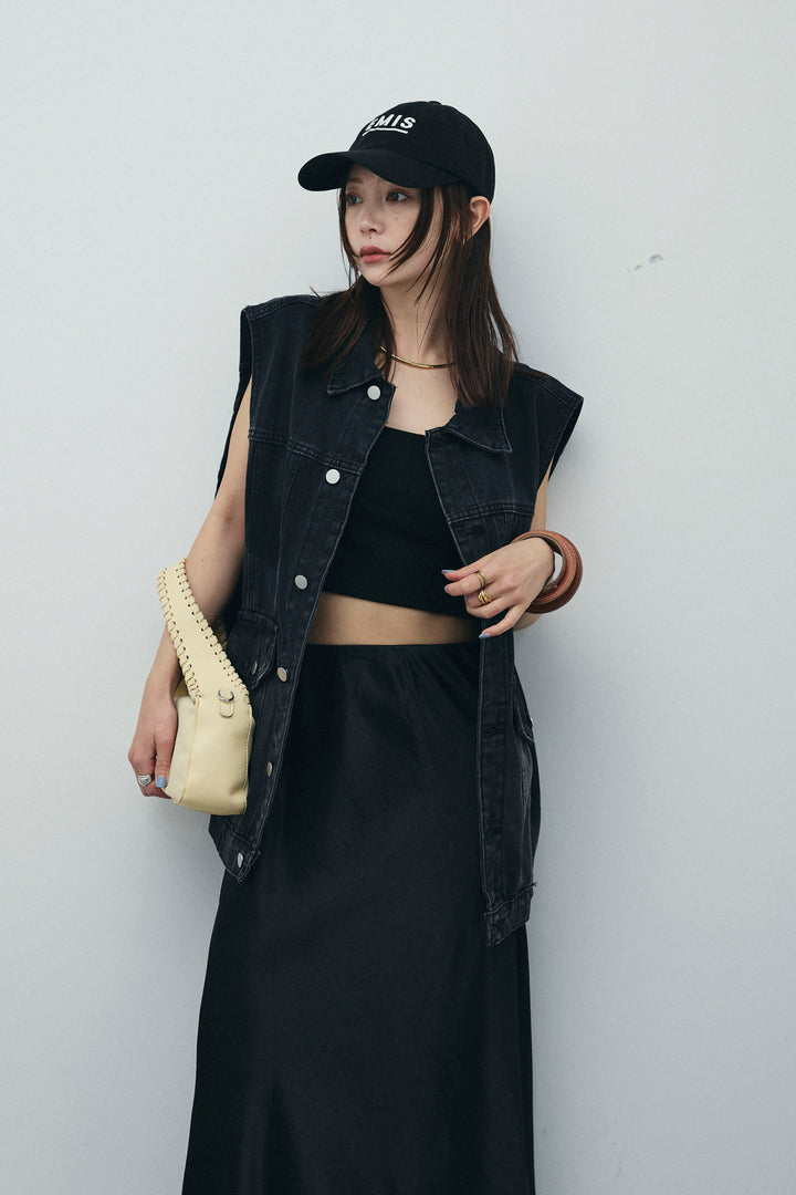 [予約/SET]ヴィンテージライクノースリデニムジャケット+サテンナロースカート(2set)