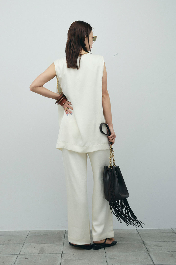 [予約/SET]Vネックサテンセットアップ+カップ付きアシンメトリーキャミソール(2set)