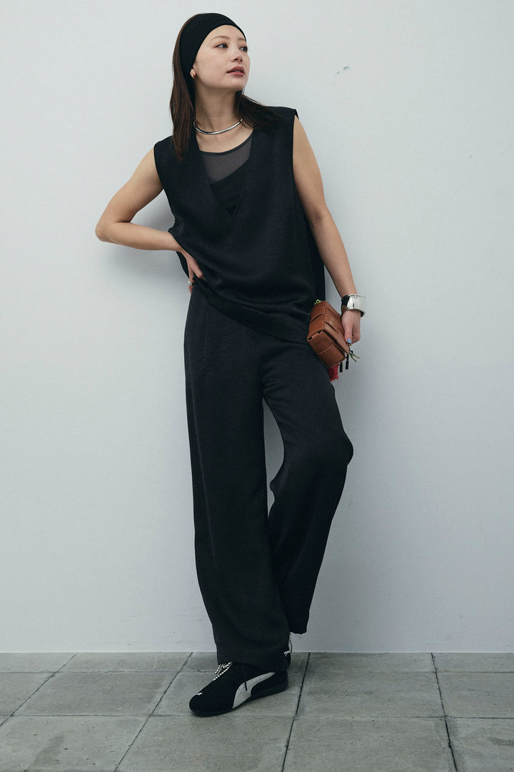 [予約/SET]Vネックサテンセットアップ+カップ付きアシンメトリーキャミソール(2set)