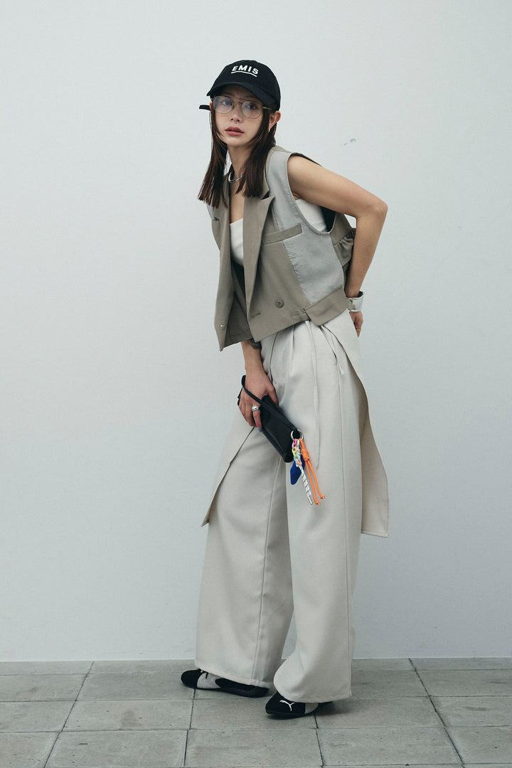 [予約/SET]バックフリルヘムショートテーラードベスト+クロップドカップ付きキャミ+ヘザーツイルラップスカート付きパンツ(3set)