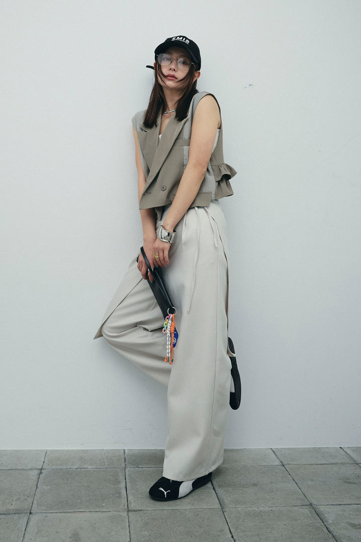 [予約/SET]バックフリルヘムショートテーラードベスト+クロップドカップ付きキャミ+ヘザーツイルラップスカート付きパンツ(3set)