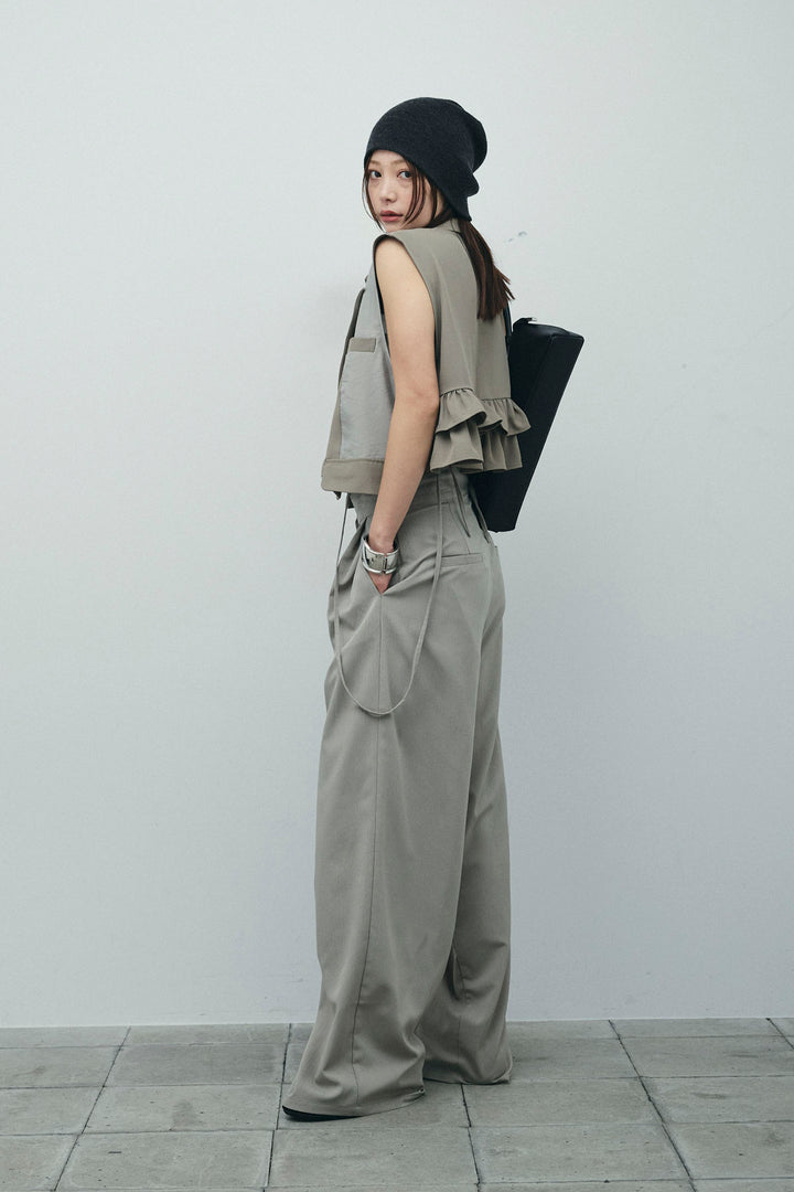 [予約/SET]バックフリルヘムショートテーラードベスト+クレープタックワイドサロペット(2set)