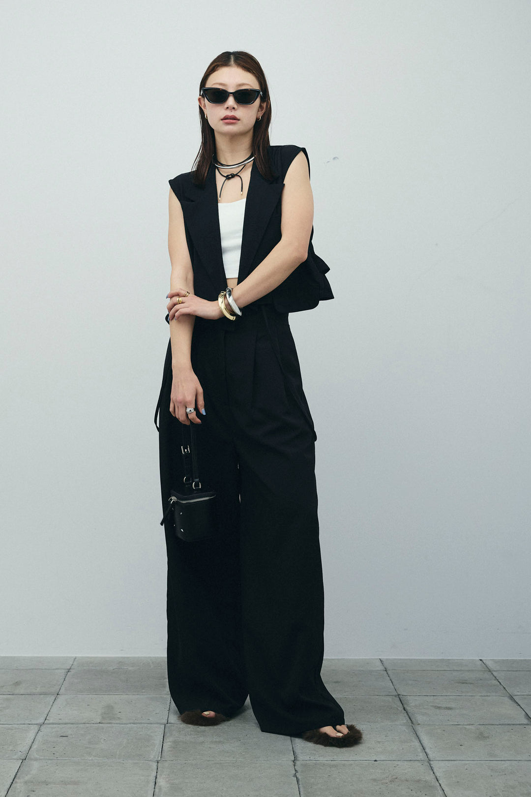 [予約/SET]バックフリルヘムショートテーラードベスト+クレープタックワイドサロペット(2set)