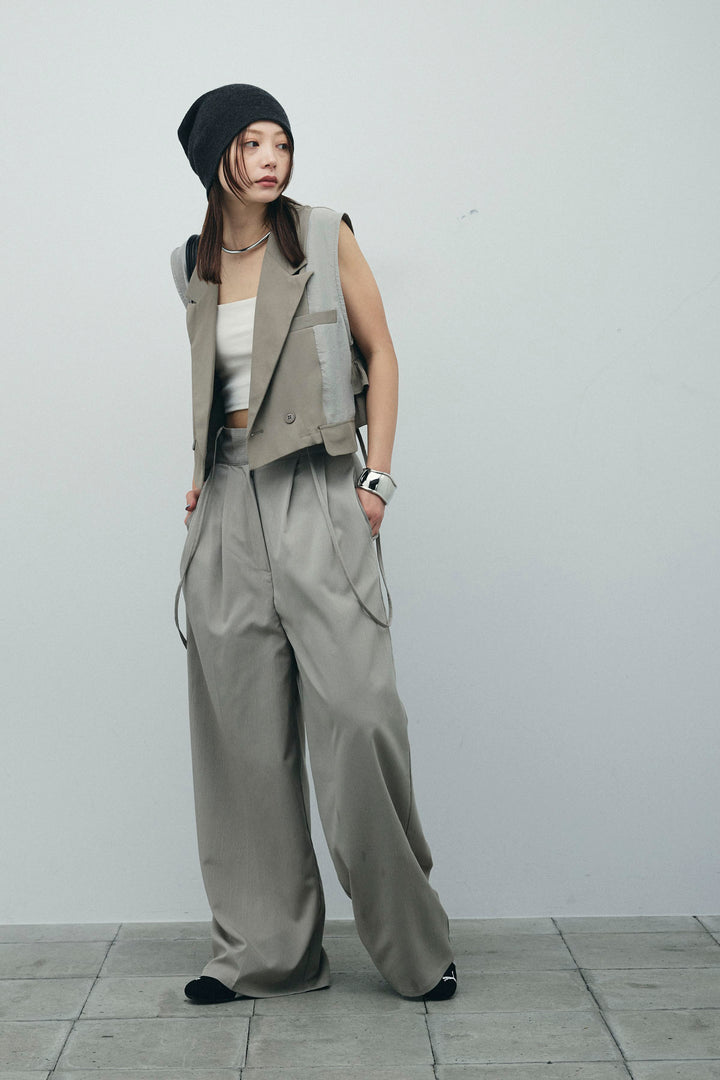 [予約/SET]バックフリルヘムショートテーラードベスト+クレープタックワイドサロペット(2set)