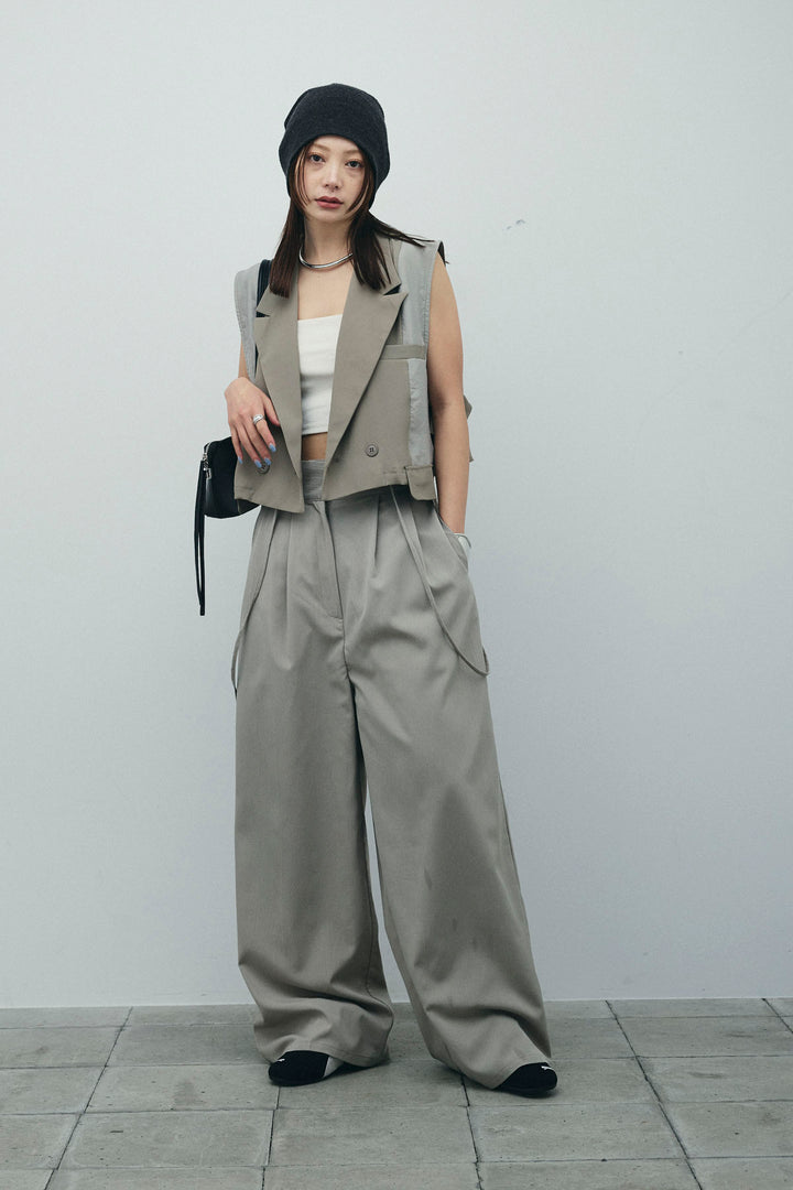 [予約/SET]バックフリルヘムショートテーラードベスト+クレープタックワイドサロペット(2set)