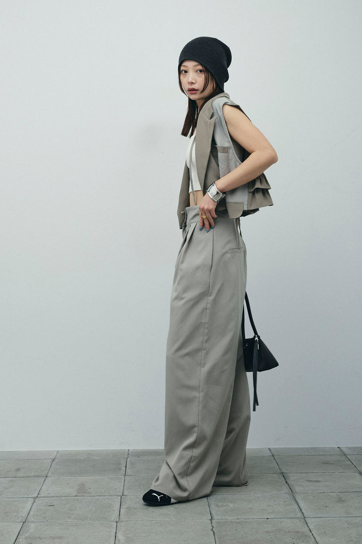 [予約/SET]バックフリルヘムショートテーラードベスト+クレープタックワイドサロペット(2set)