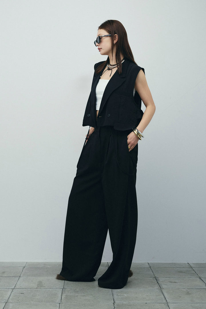 [予約/SET]バックフリルヘムショートテーラードベスト+クレープタックワイドサロペット(2set)