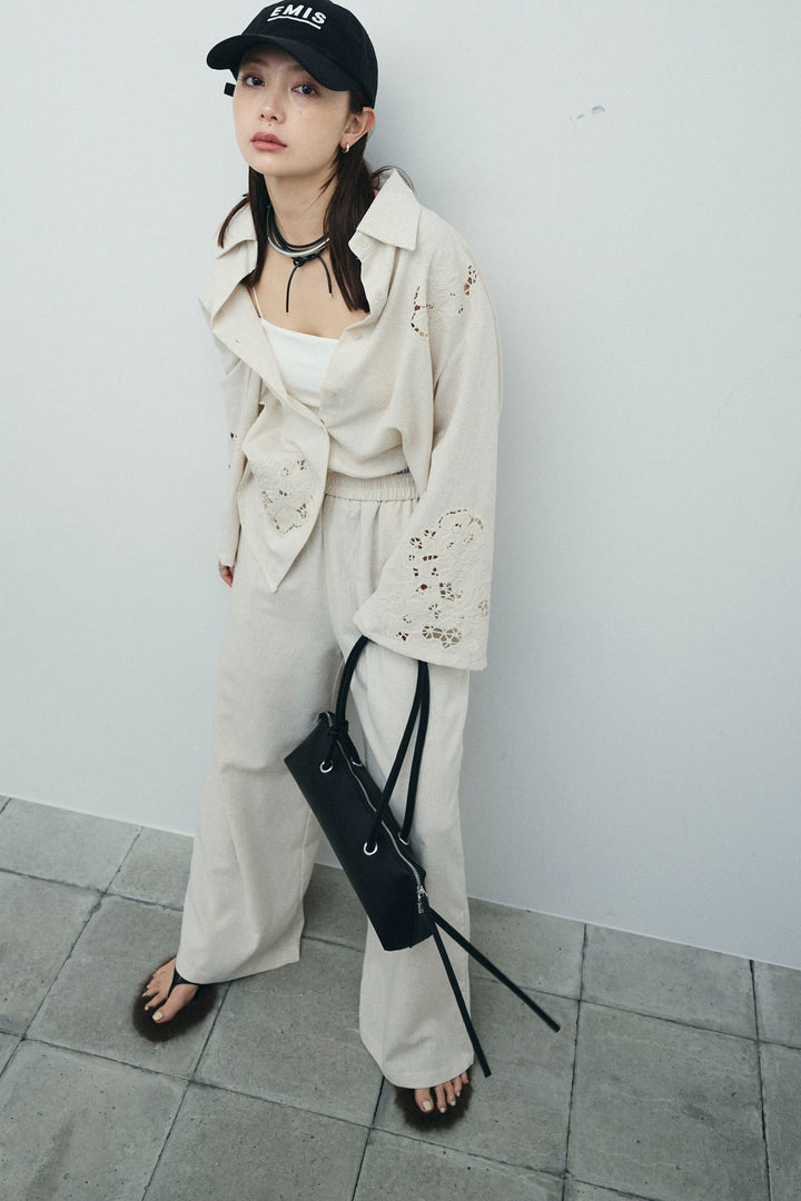 [予約/SET]カットワークレースセットアップ+ストライプイージーハーフパンツ(2set)