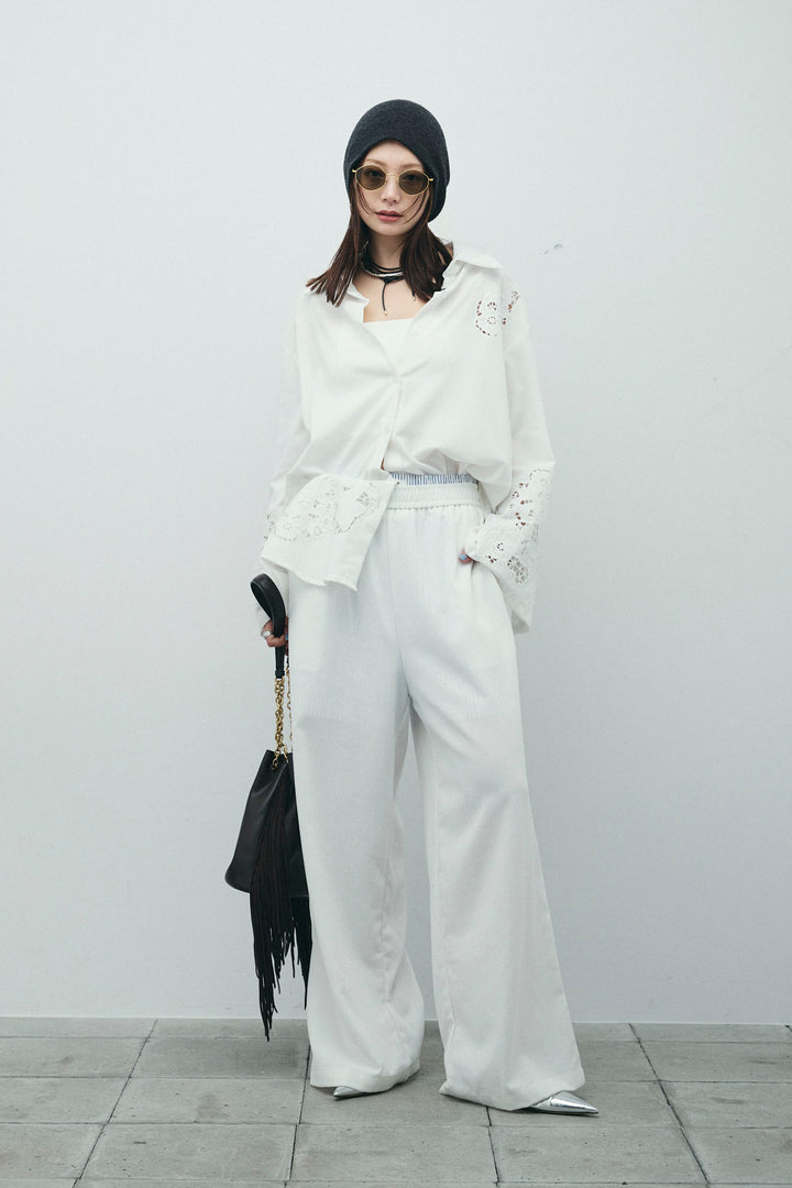 [予約/SET]カットワークレースセットアップ+ストライプイージーハーフパンツ(2set)