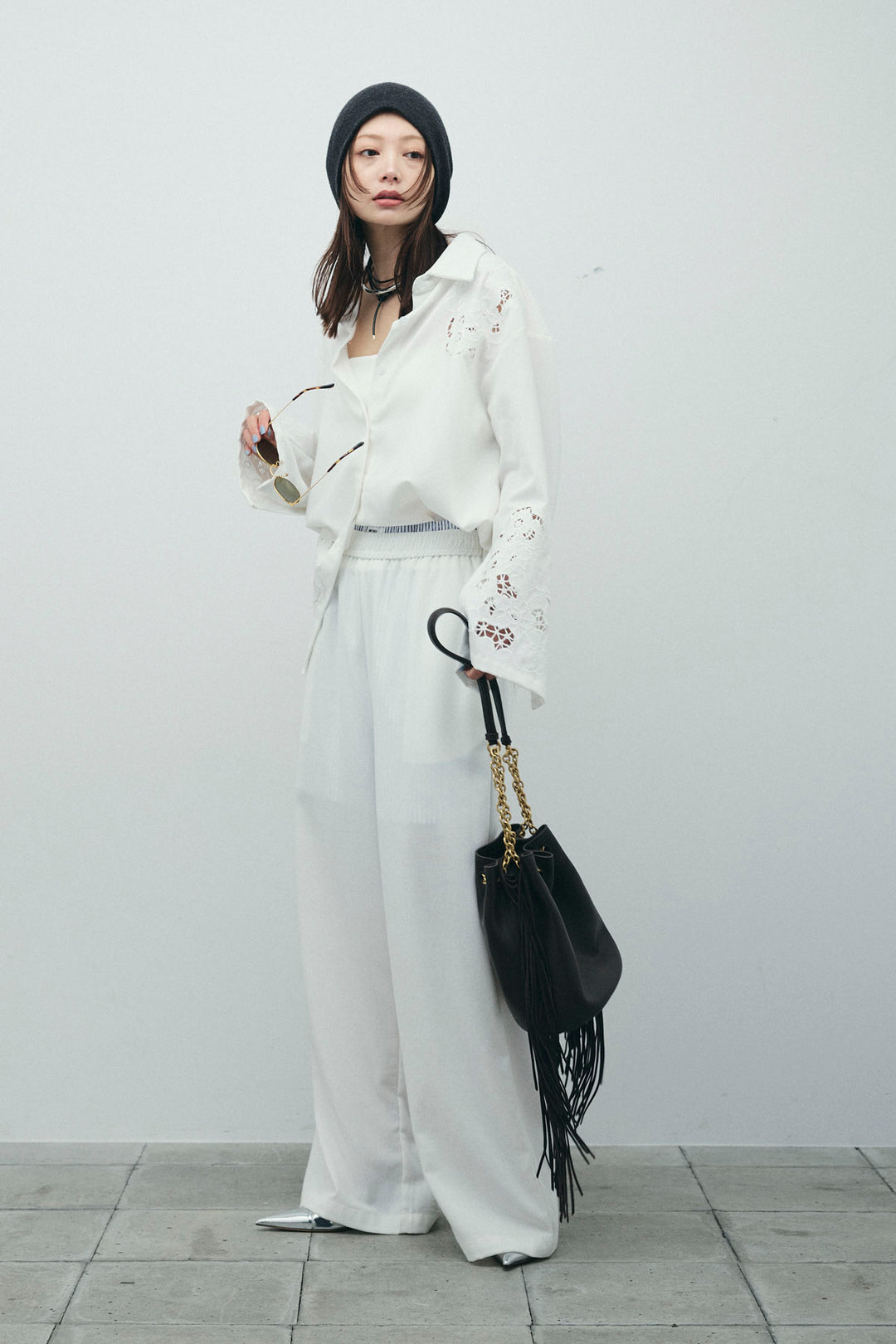 [予約/SET]カットワークレースセットアップ+ストライプイージーハーフパンツ(2set)