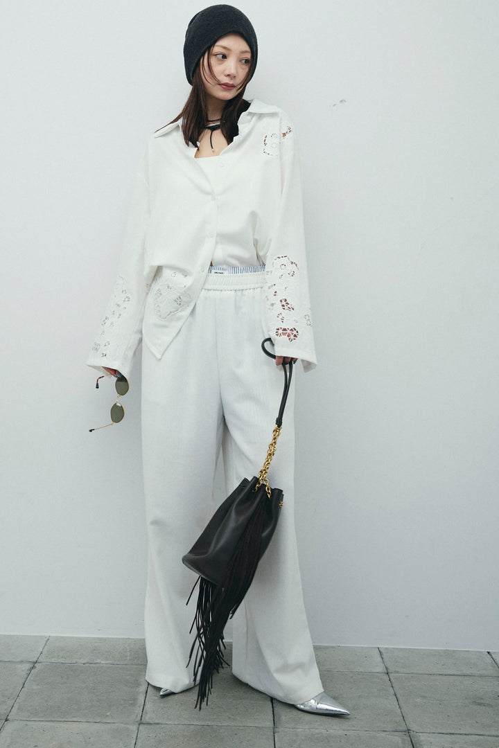 [予約/SET]カットワークレースセットアップ+ストライプイージーハーフパンツ(2set)