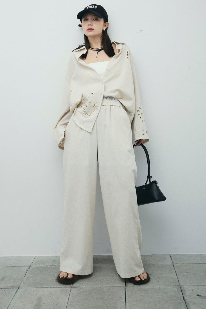 [予約/SET]カットワークレースセットアップ+ストライプイージーハーフパンツ(2set)