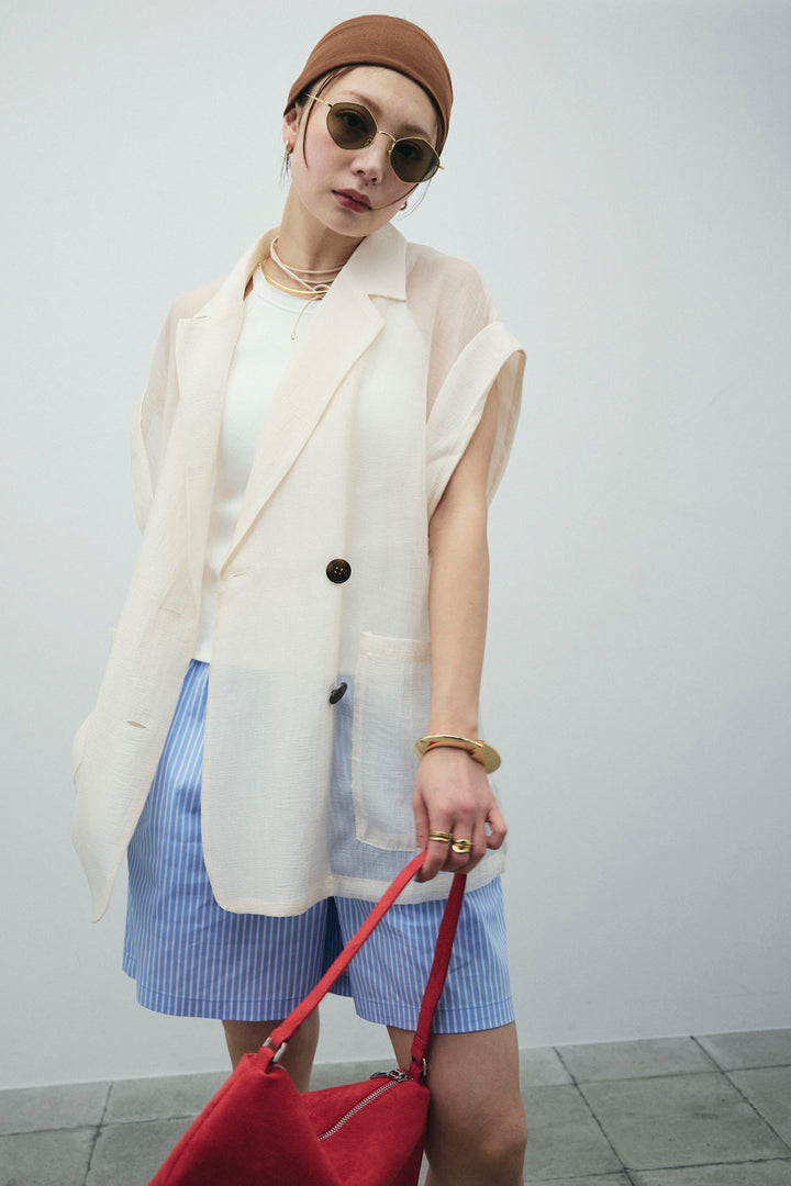 [予約/SET]ラメワッシャーダブルジレ+ストライプイージーハーフパンツ(2set)