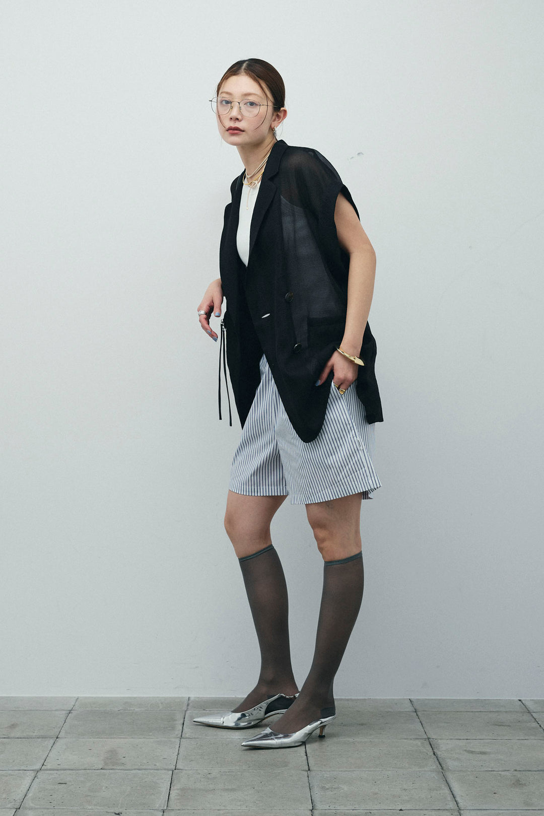 [予約/SET]ラメワッシャーダブルジレ+ストライプイージーハーフパンツ(2set)