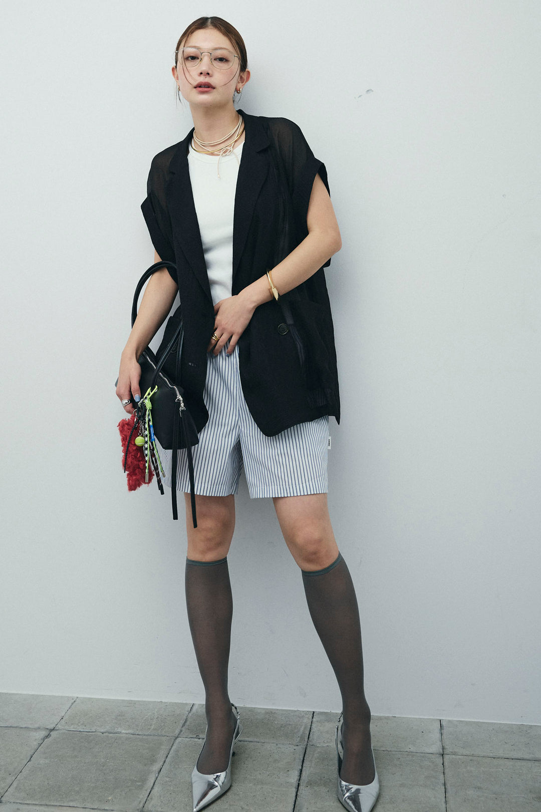 [予約/SET]ラメワッシャーダブルジレ+ストライプイージーハーフパンツ(2set)