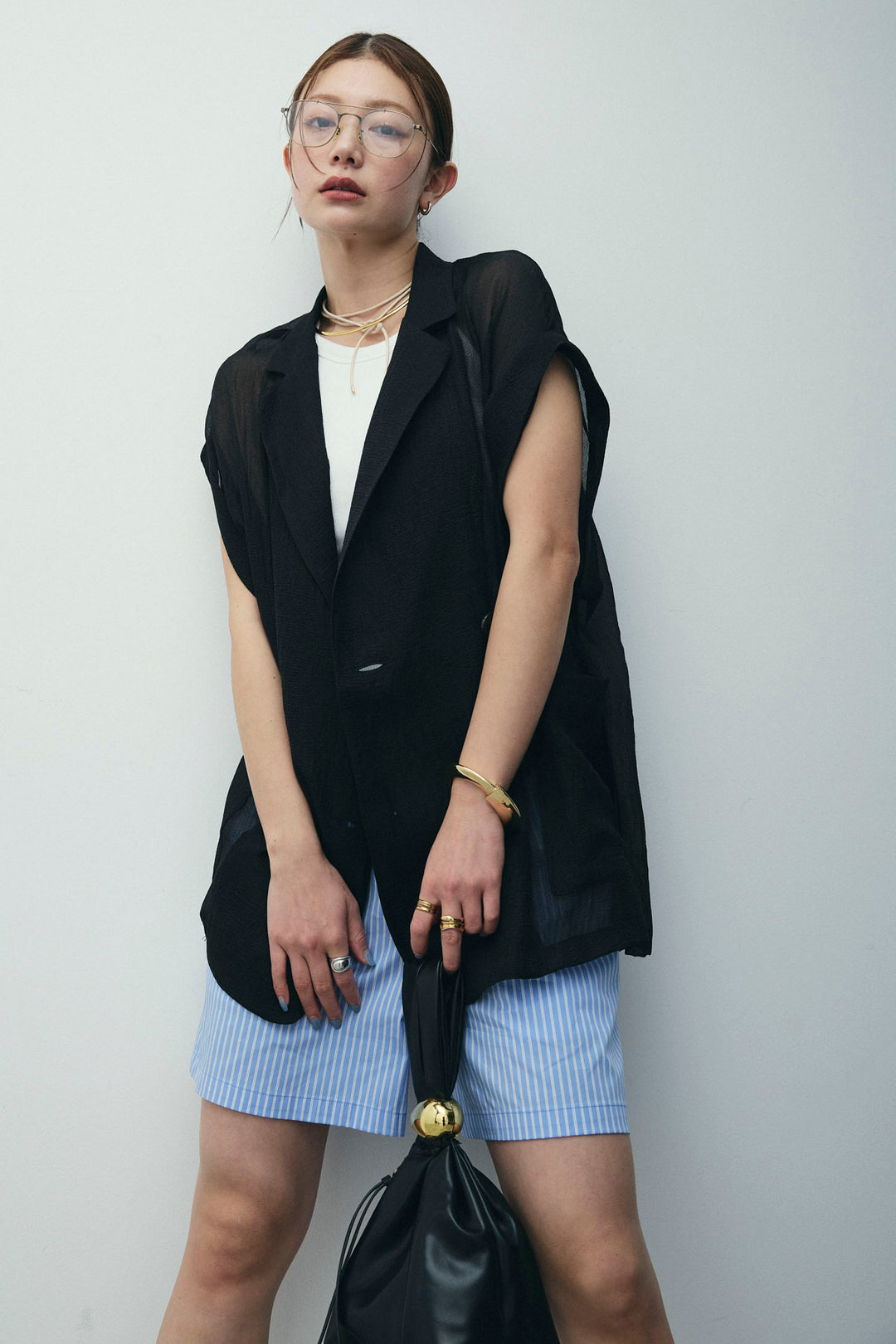 [予約/SET]ラメワッシャーダブルジレ+ストライプイージーハーフパンツ(2set)