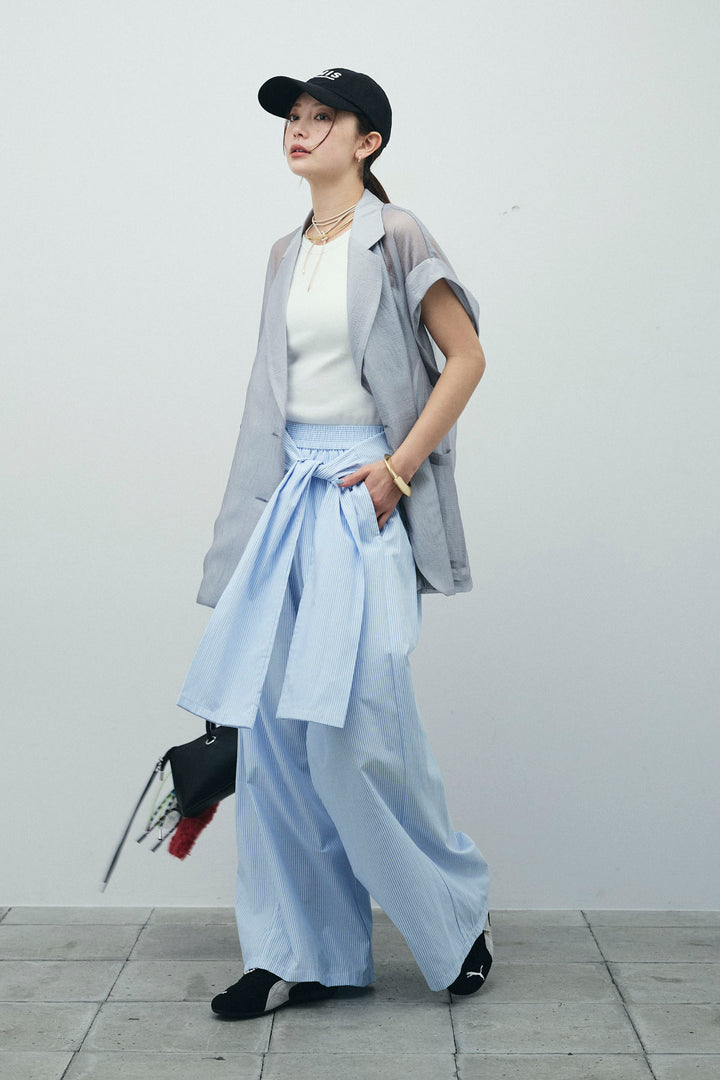 [予約/SET]ラメワッシャーダブルジレ+ウエスト巻きストライプワイドパンツ(2set)