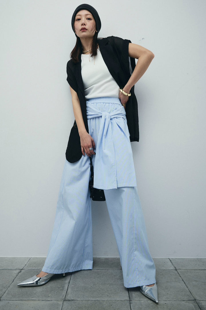 [予約/SET]ラメワッシャーダブルジレ+ウエスト巻きストライプワイドパンツ(2set)