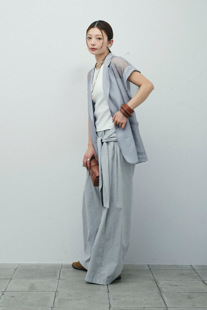 [予約/SET]ラメワッシャーダブルジレ+カップ付きホルターネックタンク+ウエスト巻きストライプワイドパンツ(3set)