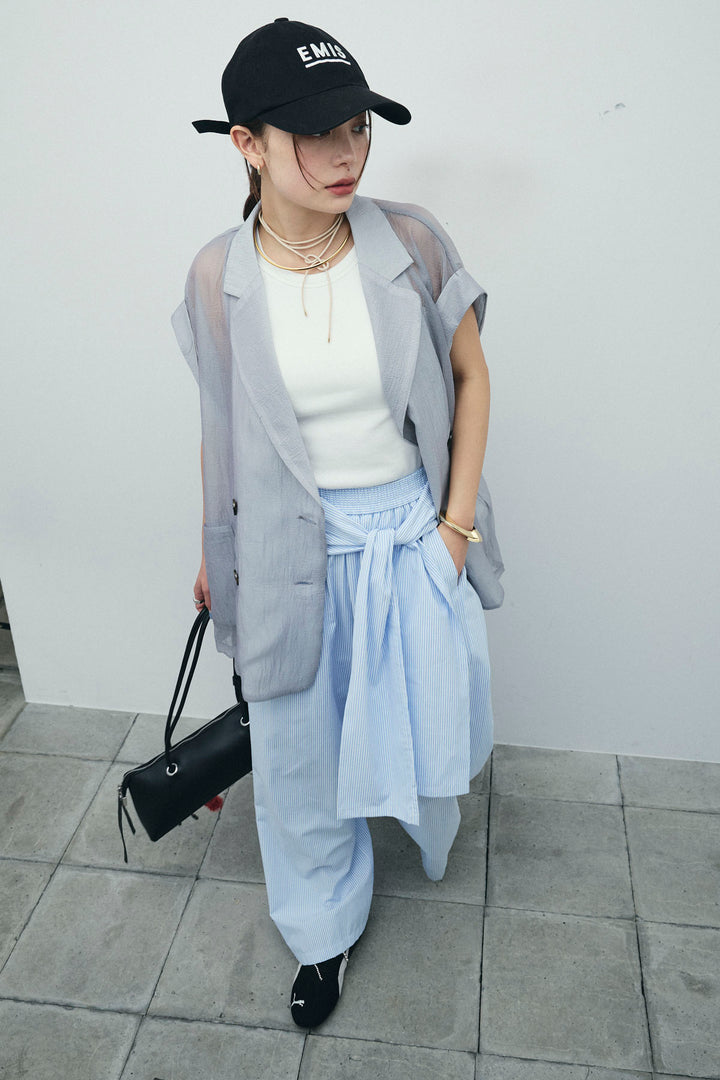 [予約/SET]ラメワッシャーダブルジレ+ウエスト巻きストライプワイドパンツ(2set)