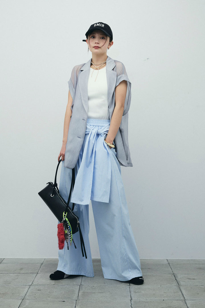 [予約/SET]ラメワッシャーダブルジレ+ウエスト巻きストライプワイドパンツ(2set)