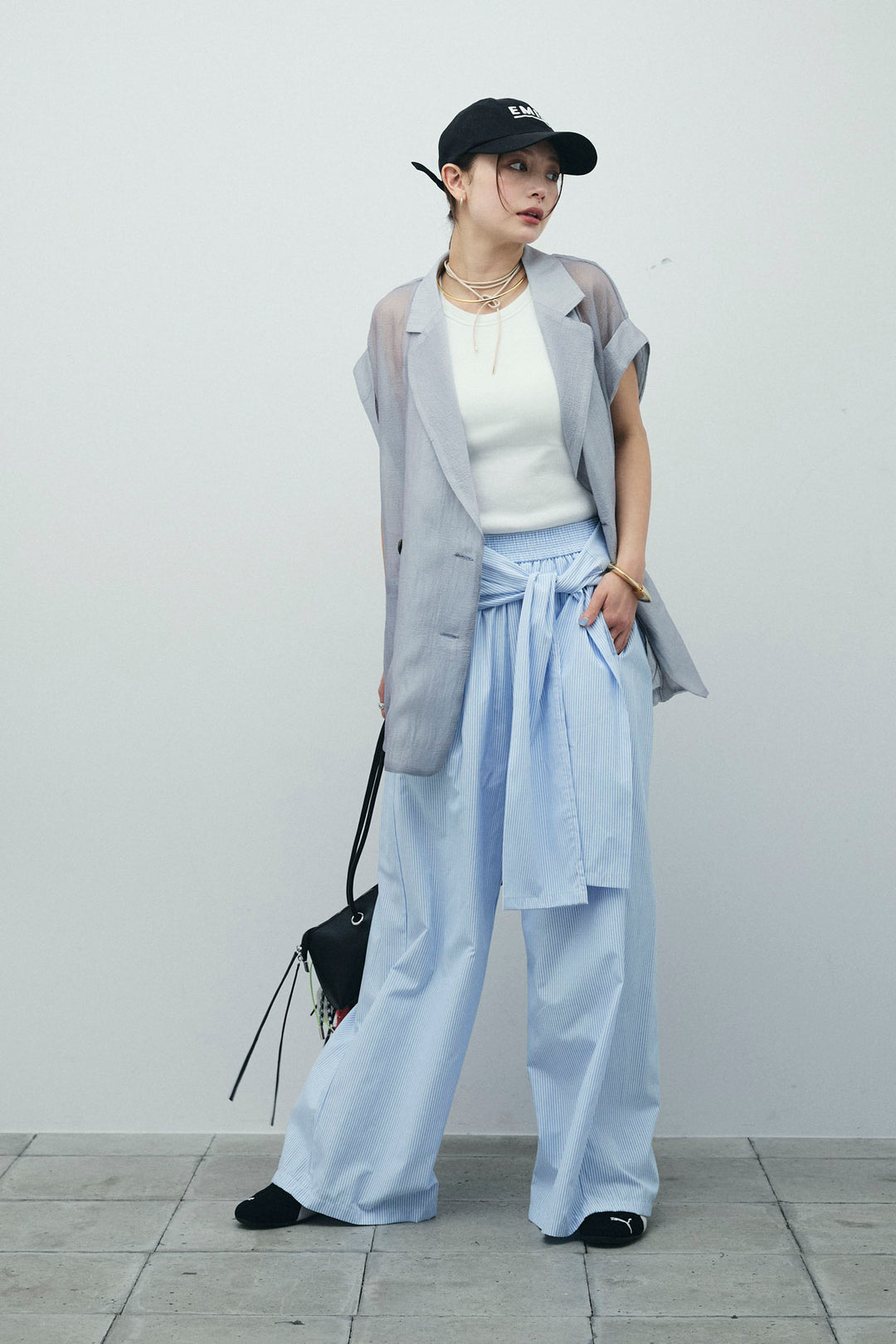 [予約/SET]ラメワッシャーダブルジレ+ウエスト巻きストライプワイドパンツ(2set)