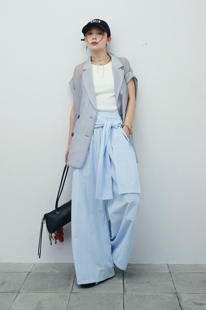 [予約/SET]ラメワッシャーダブルジレ+ウエスト巻きストライプワイドパンツ(2set)