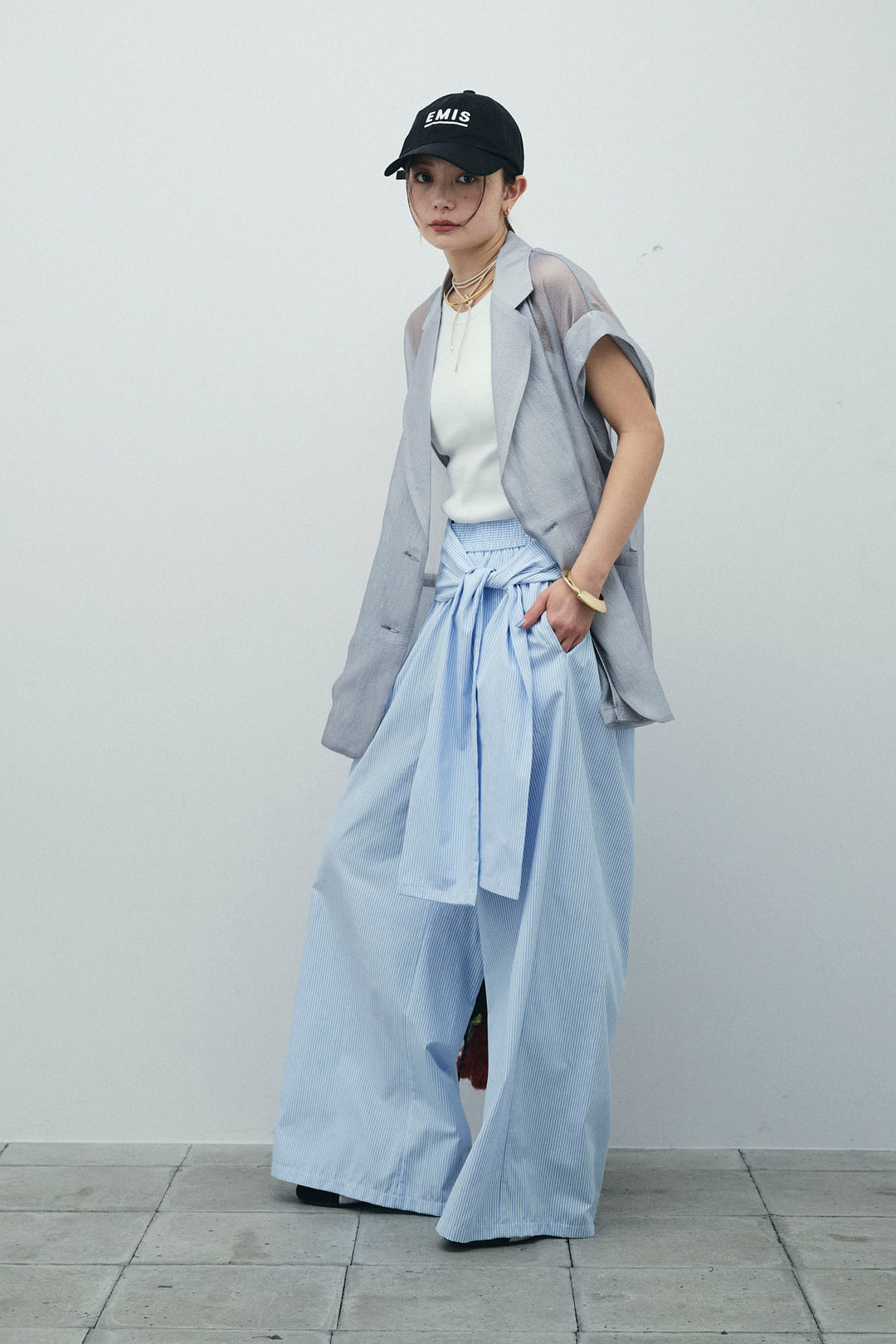 [予約/SET]ラメワッシャーダブルジレ+ウエスト巻きストライプワイドパンツ(2set)