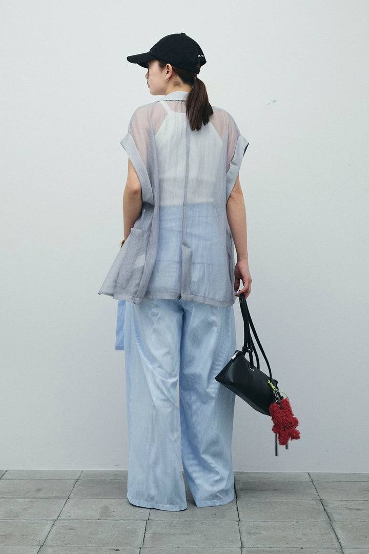 [予約/SET]ラメワッシャーダブルジレ+カップ付きホルターネックタンク+ウエスト巻きストライプワイドパンツ(3set)