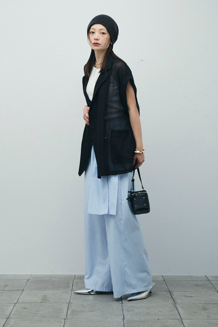 [予約/SET]ラメワッシャーダブルジレ+カップ付きホルターネックタンク+ウエスト巻きストライプワイドパンツ(3set)