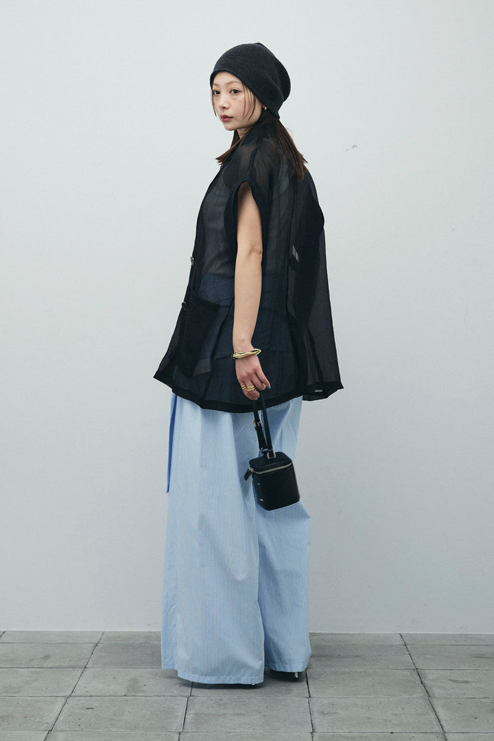 [予約/SET]ラメワッシャーダブルジレ+カップ付きホルターネックタンク+ウエスト巻きストライプワイドパンツ(3set)