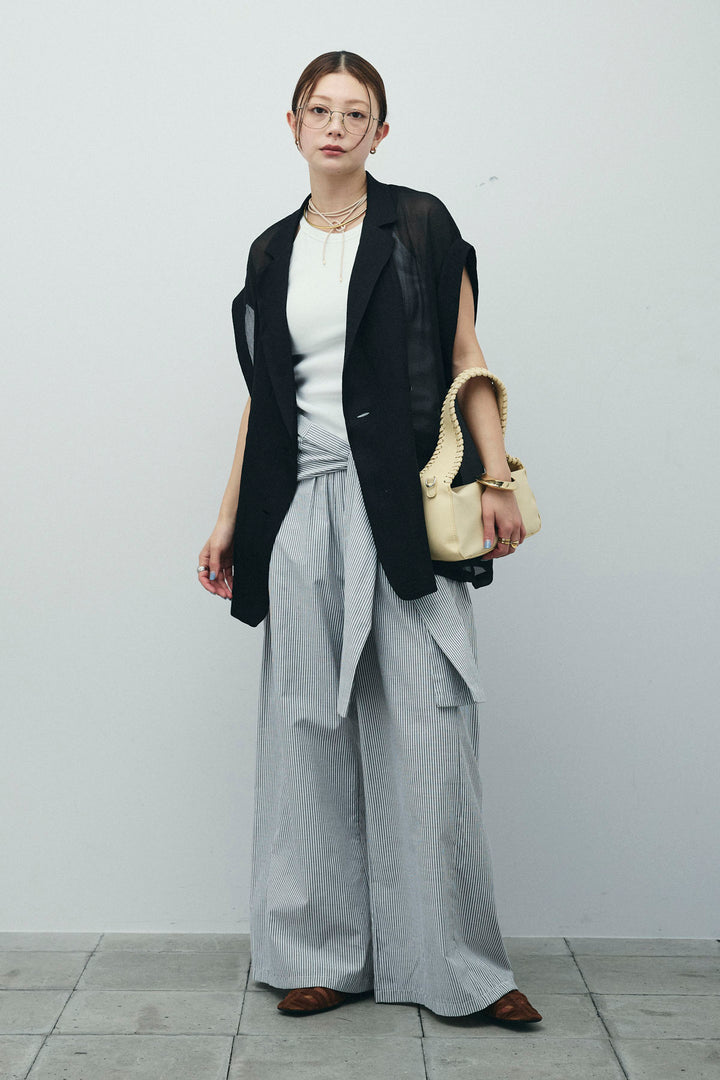 [予約/SET]ラメワッシャーダブルジレ+カップ付きホルターネックタンク+ウエスト巻きストライプワイドパンツ(3set)