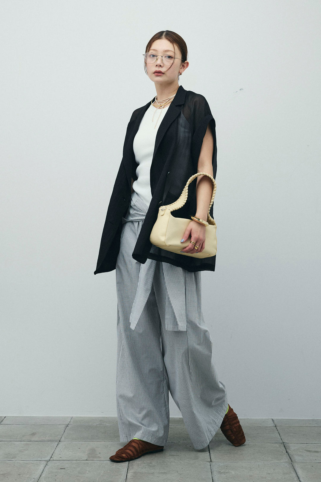 [予約/SET]ラメワッシャーダブルジレ+ウエスト巻きストライプワイドパンツ(2set)