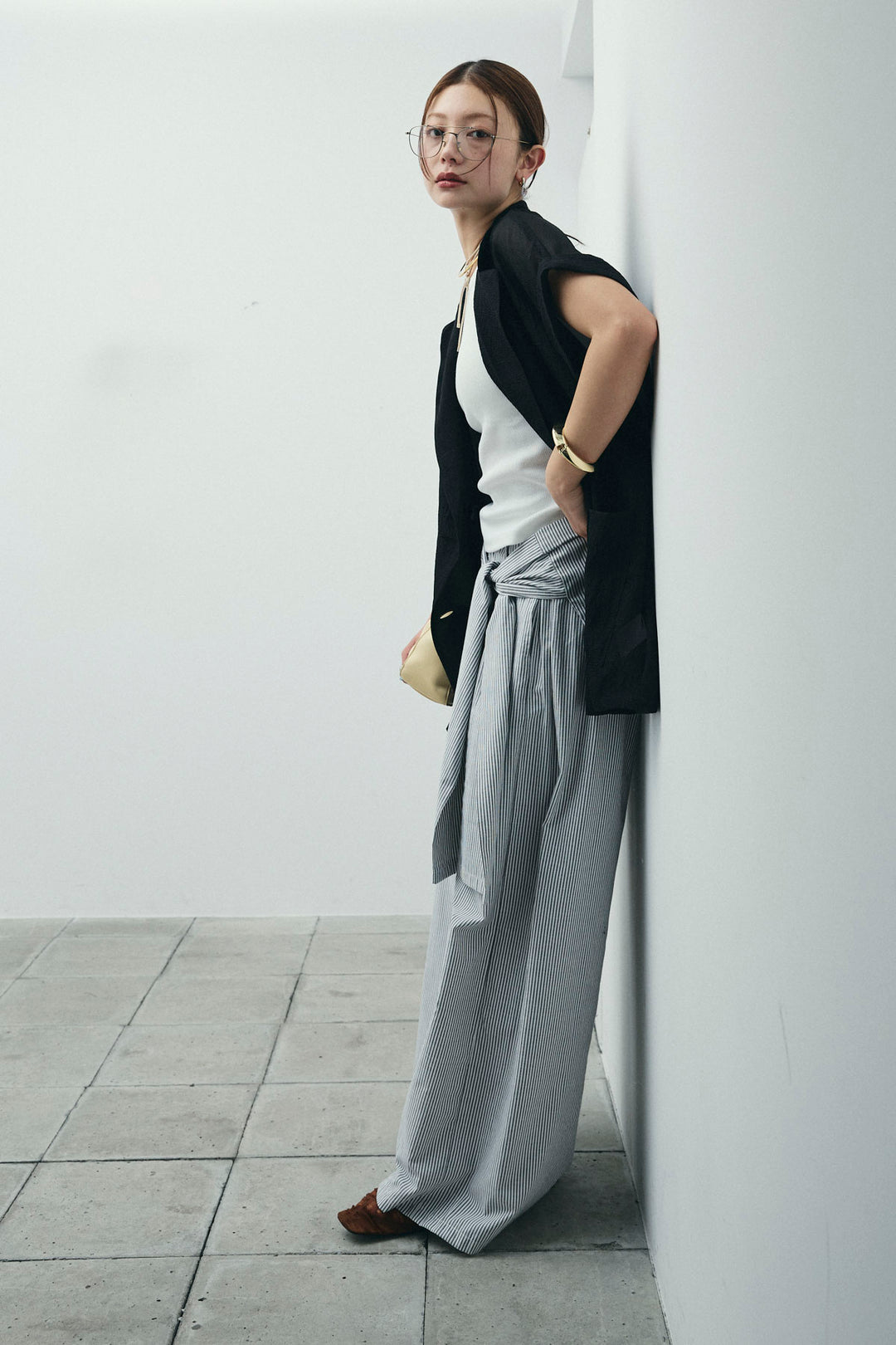 [予約/SET]ラメワッシャーダブルジレ+ウエスト巻きストライプワイドパンツ(2set)